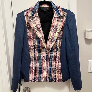 Carlisle Women’s Blazer Jacket 18 Blue w/ Colorful Knit Panel Mixed Media lined
